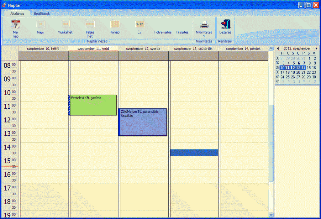 Szerviz szoftver, profi naptár funkció